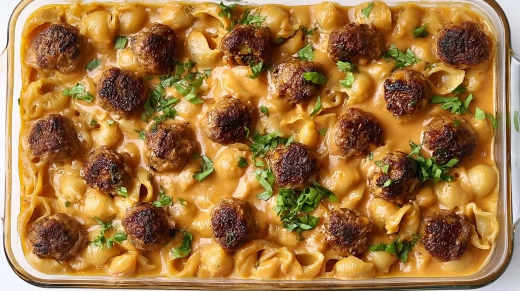 Delicious Swedish Meatball Casserole baked with creamy sauce and fresh herbs