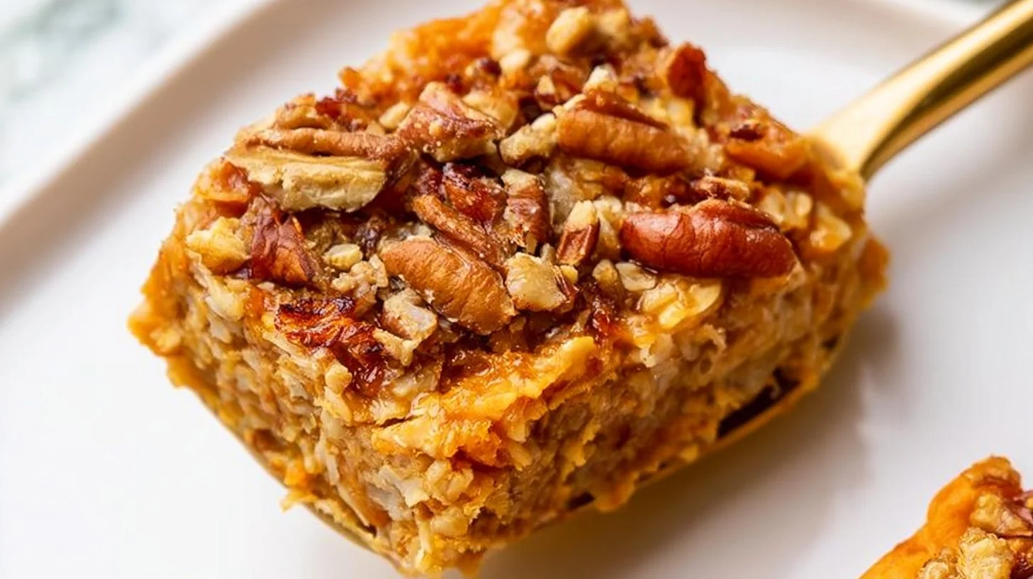 Delicious Sweet Potato Baked Oatmeal topped with nuts and fruits