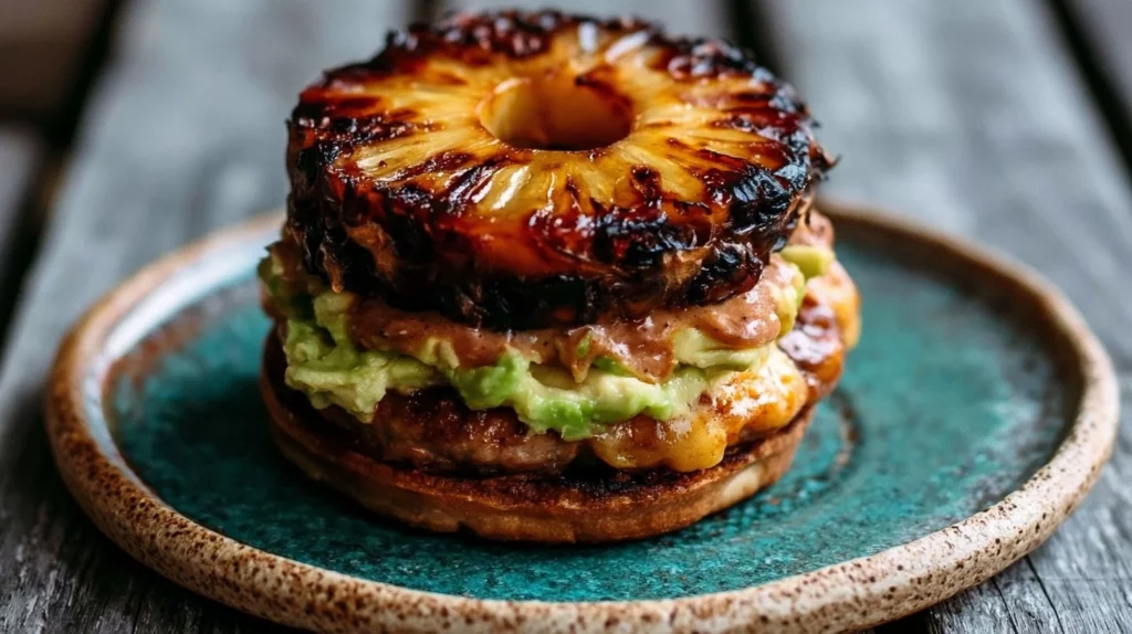 Tangy salmon burger served with fresh ingredients and a zesty sauce