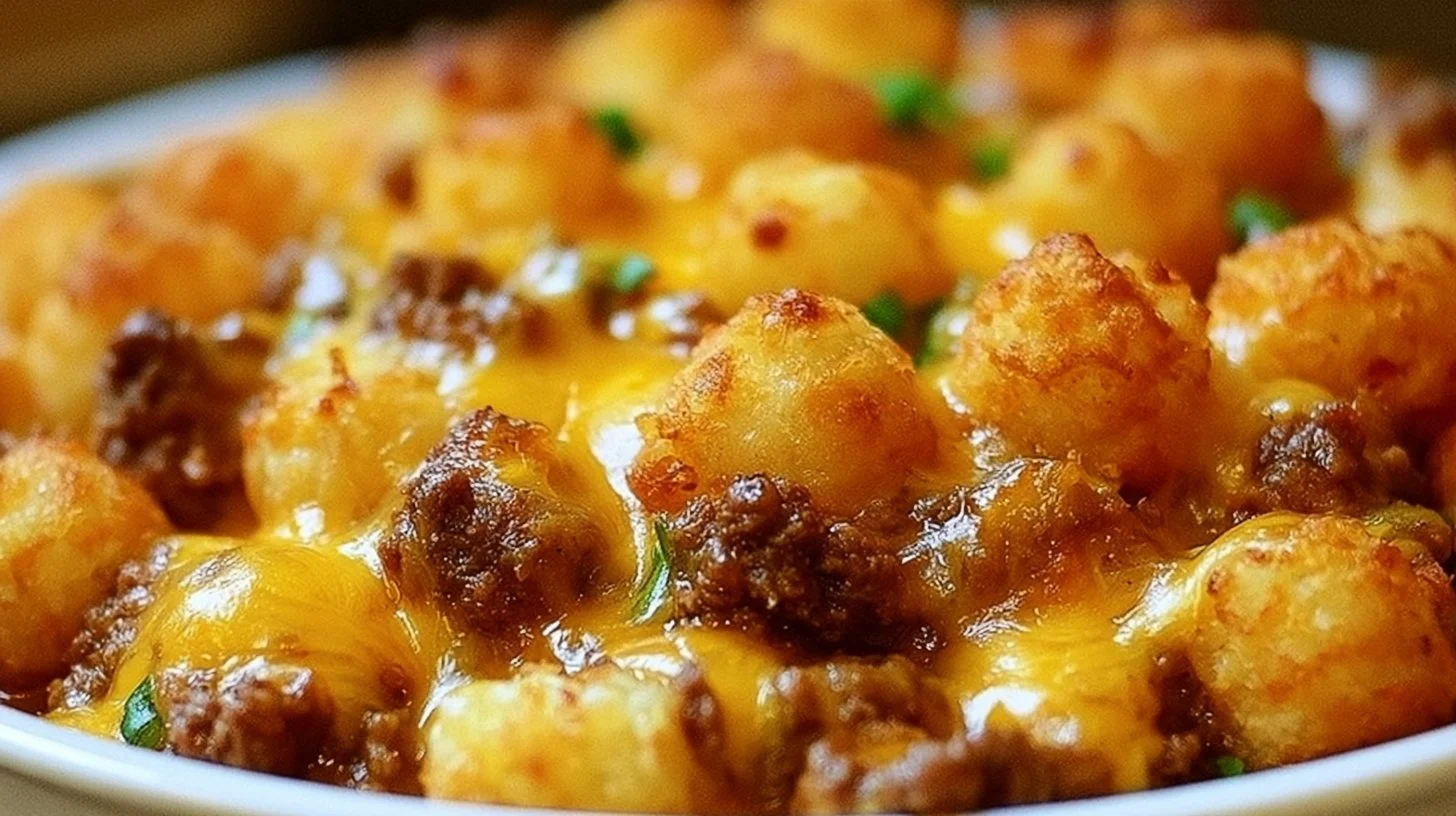 Tater Tot Casserole with Ground Beef 1 Tater tot casserole with ground beef topped with melted cheese and crispy tater tots