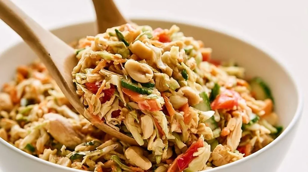 Colorful Thai Peanut Slaw salad with chicken and crunchy vegetables