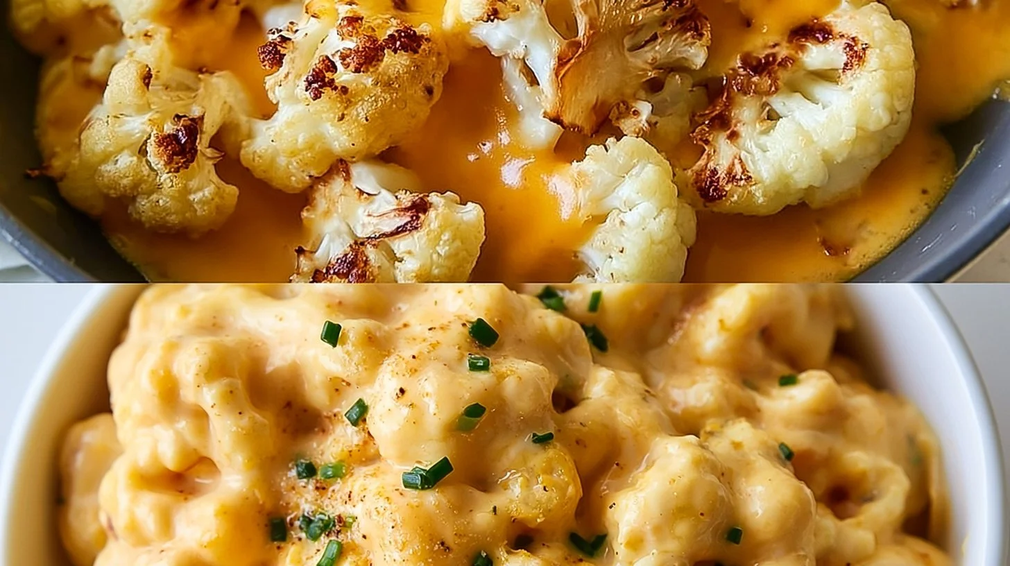 Delicious cauliflower mac and cheese served in a bowl with a cheesy topping.