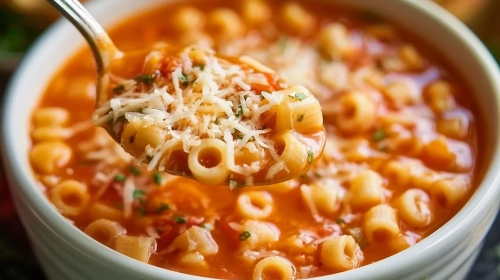 Delicious bowl of pasta fagioli soup with beans and pasta