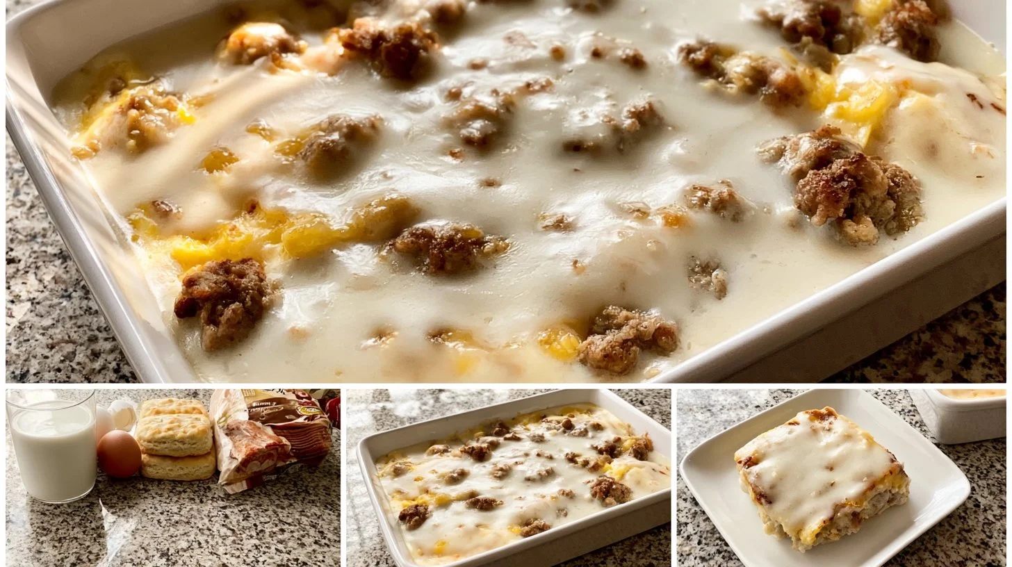 Delicious Biscuits and Gravy Casserole ready for breakfast