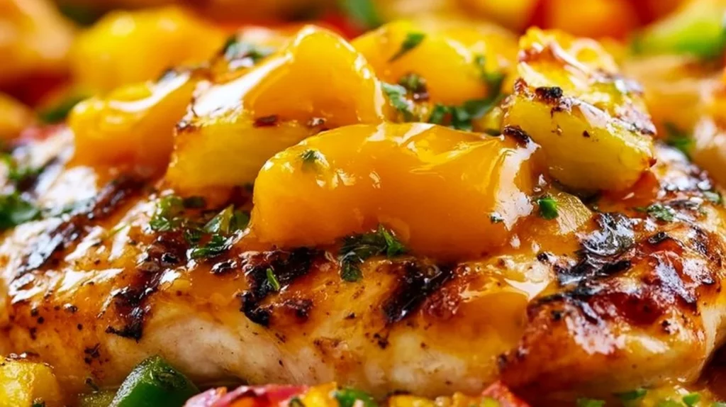 Tropical grilled chicken with mango and pineapple on a plate