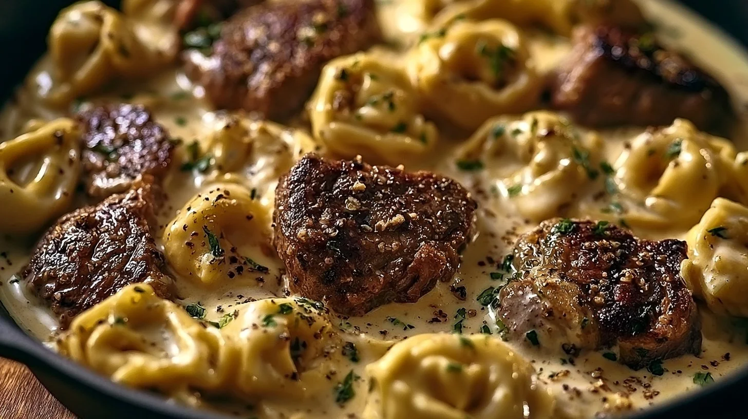 Delicious ultra-creamy garlic steak tortellini served in a bowl