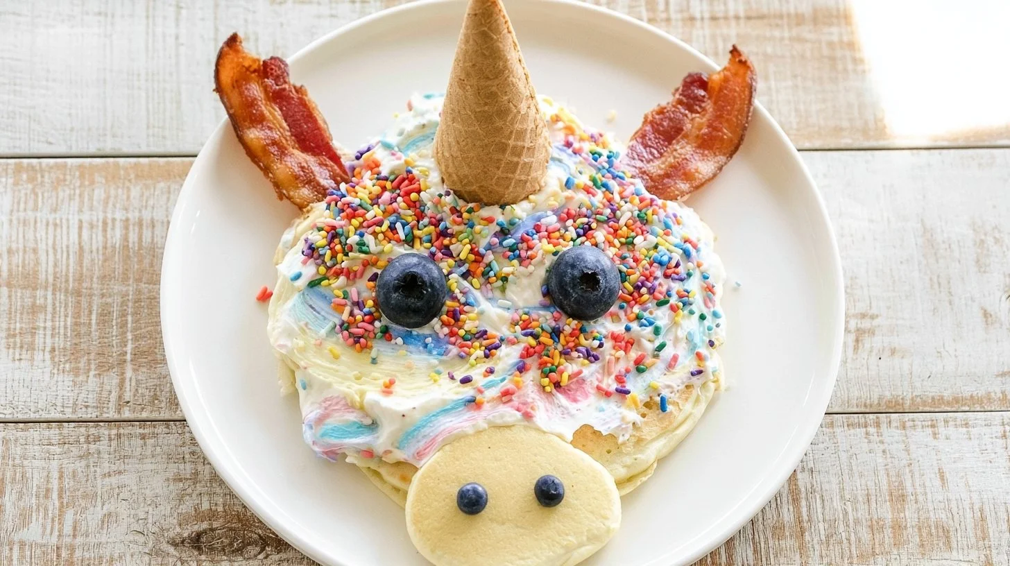 Delicious and colorful unicorn pancakes topped with sprinkles and syrup.