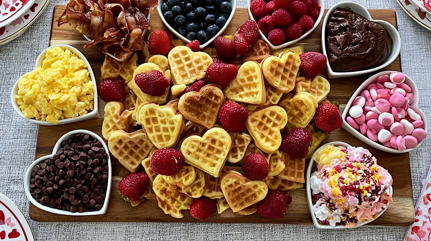 Valentine's Day Waffle Board with toppings and heart decorations