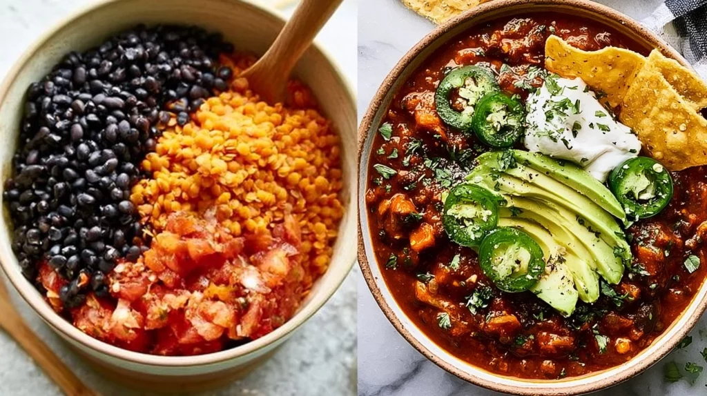 Bowl of hearty vegan black bean chili topped with fresh herbs and spices