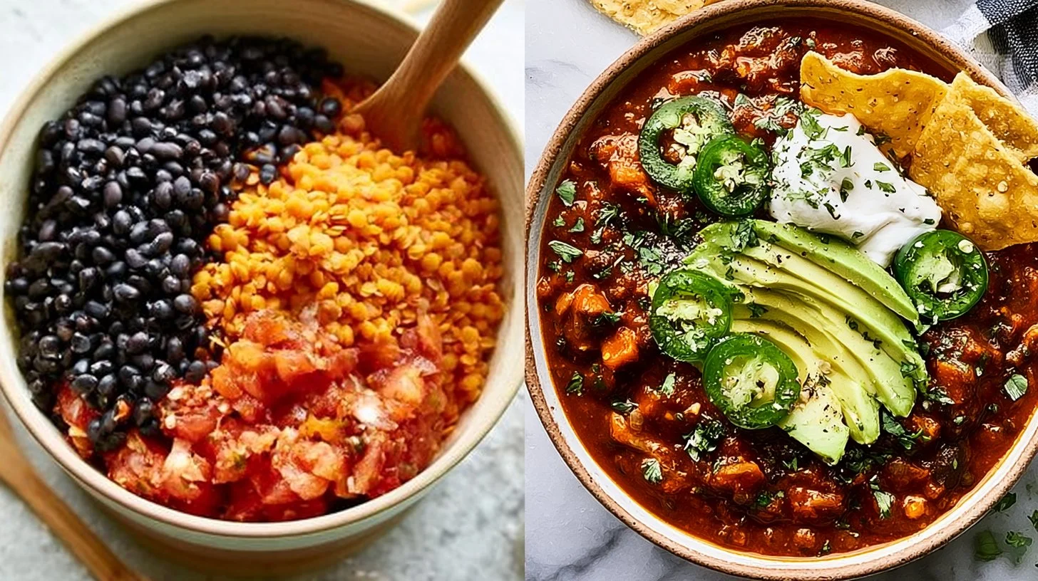 Bowl of hearty vegan black bean chili topped with fresh herbs and spices