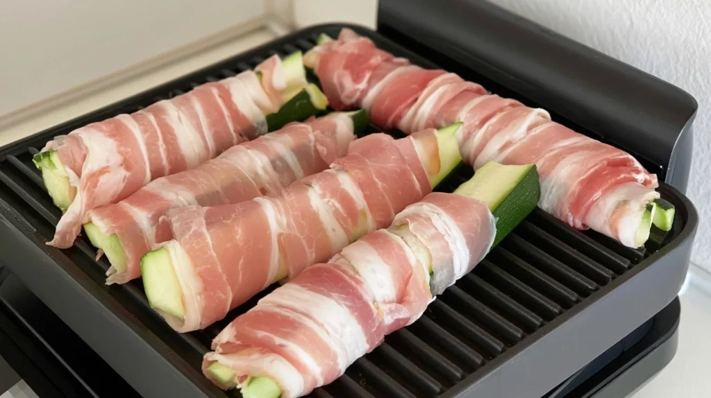 Deliciously crispy Zucchini-Bacon-Sticks served as a savory snack